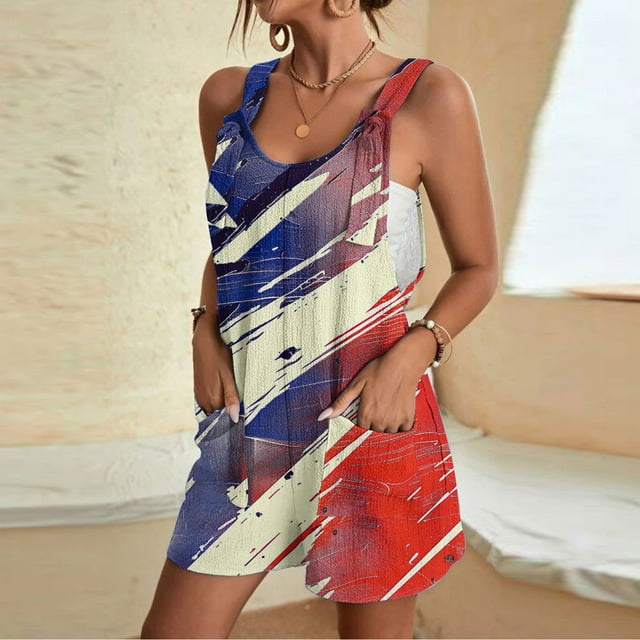 LOVZFMLL Ladies' Casual Independent Day Printed Shorts With Pockets And Camisoles Blue XXL