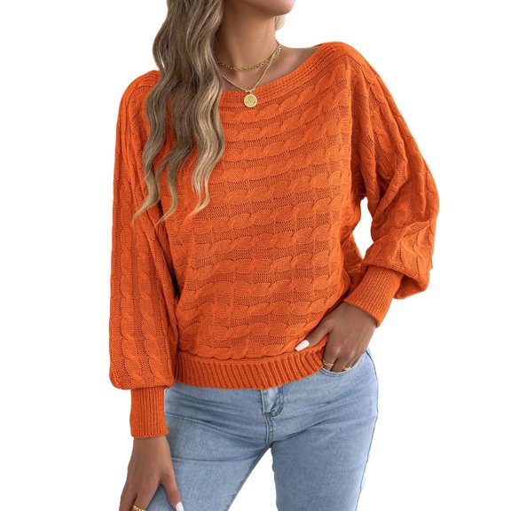 Women Solid Textured Cable Knit Off Shoulder Boat Neck Balloon Long Sleeve Loose Pullover Sweater Orange S
