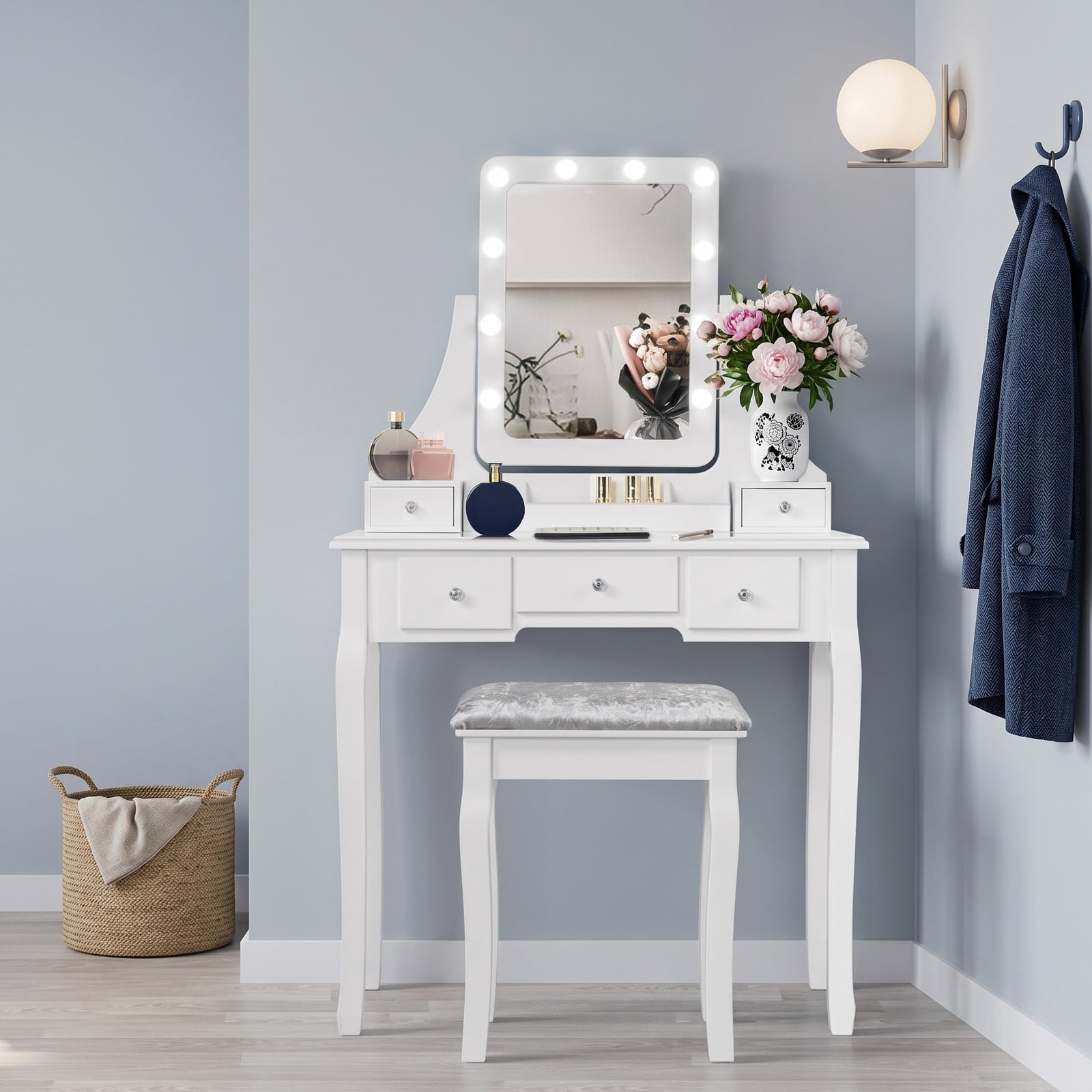 Furnibear Vanity Dressing Table Set with 10 Dimmable Bulbs and Cushioned Stool, 5 Drawers, Rotating Makeup Mirror for Bedroom, White