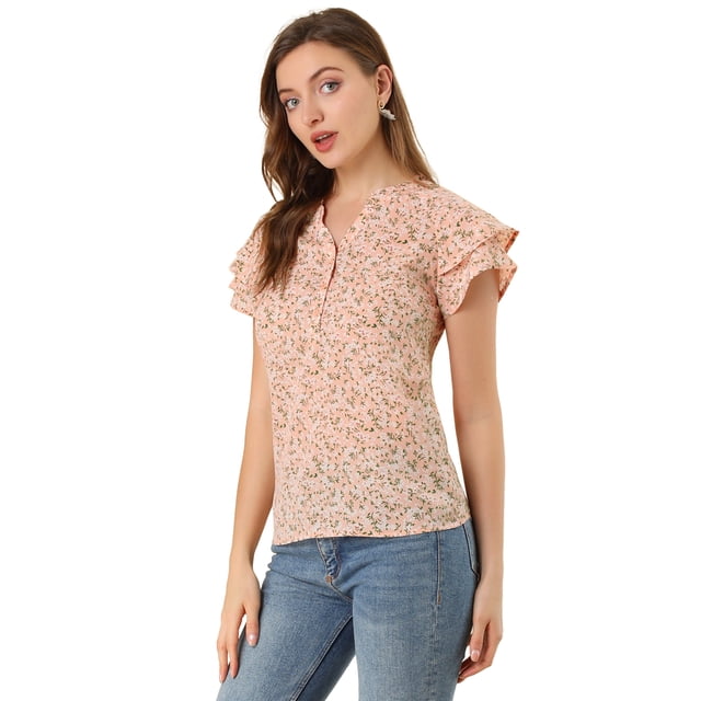 Blusa Informal Allegra K con Cuello en V y Manga de Casquillo Estampado Floral para Mujer Rosa XS