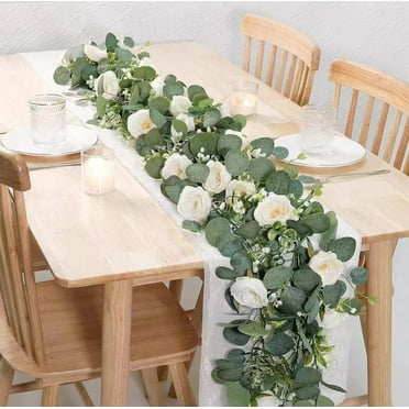 taicans 6Ft Artificial Eucalyptus Flower Garland with White Roses,Fake Rose Flower Greenery Garland Floral Vines for Wedding Home Party Table Runner Decor