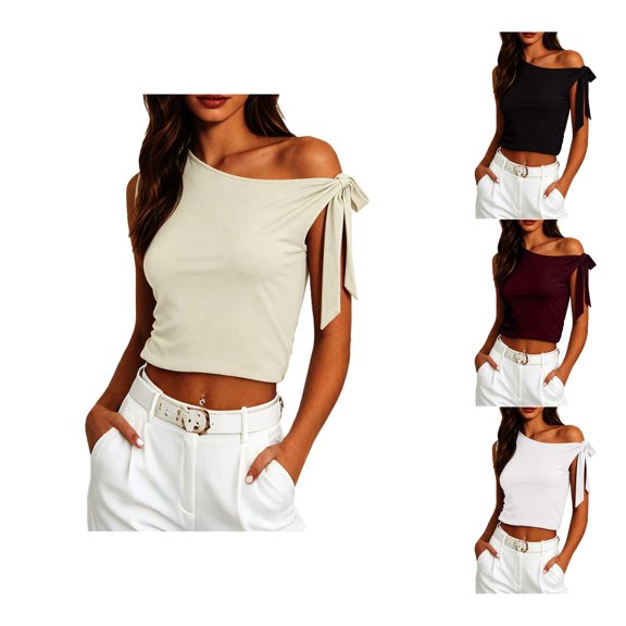 CUSTG Sleeveless Women Solid Color One Shoulder Fitted Front Tie Knot Blouse Camisole Tops Cozy Ladies Summer Shirts