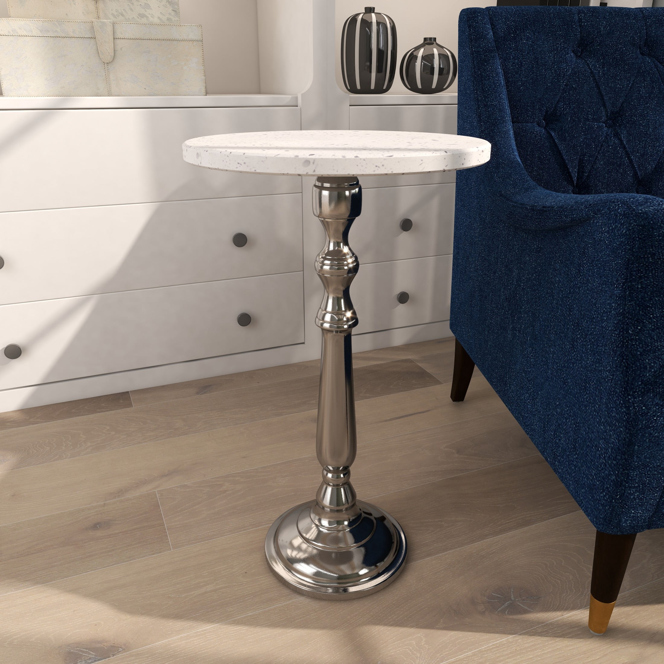 DecMode 13" x 25" Silver Terrazzo Stone Accent Table with White Marble Top, 1-Piece