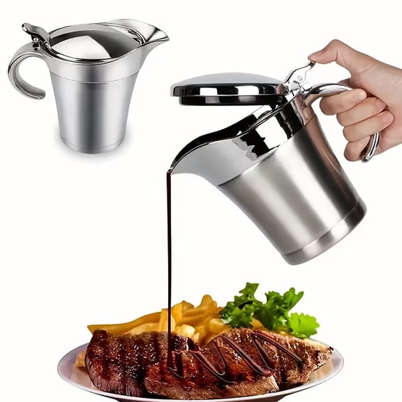 FORICOM Stainless Steel Double Insulated Gravy Boat  - Stainless Steel Sauce Jug with Hinged Lid Hinged Lid Ideal for Gravy or Cream at Thanksgiving (450ML/16 OZ)