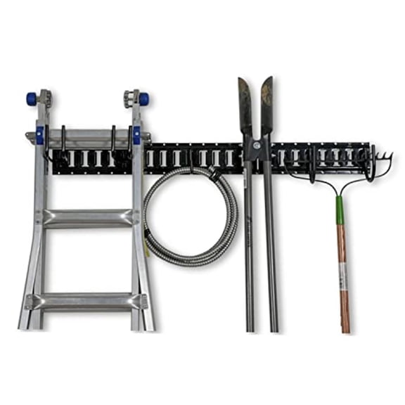 DC Cargo Mall Garage Kit - 7-Piece Tool Storage Rack Set Includes 4' Rail 2 Tool Hangers 4 J Hooks and 8 Hex Head Screws Versatile Heavy Duty Steel Rail for Organizing Home Garage and Garden Tools