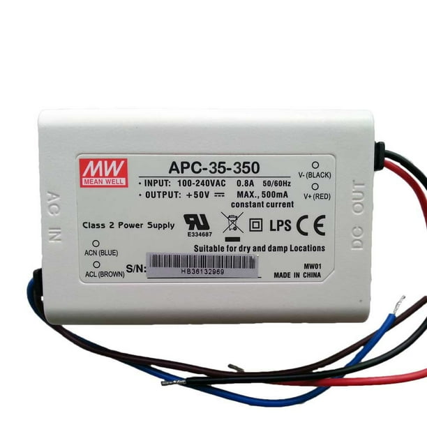 MEAN Constant Current Mode Switching LED Driver Power Supply, 350mA 28-100VDC 35 Watt APC-35-350 - Walmart.com
