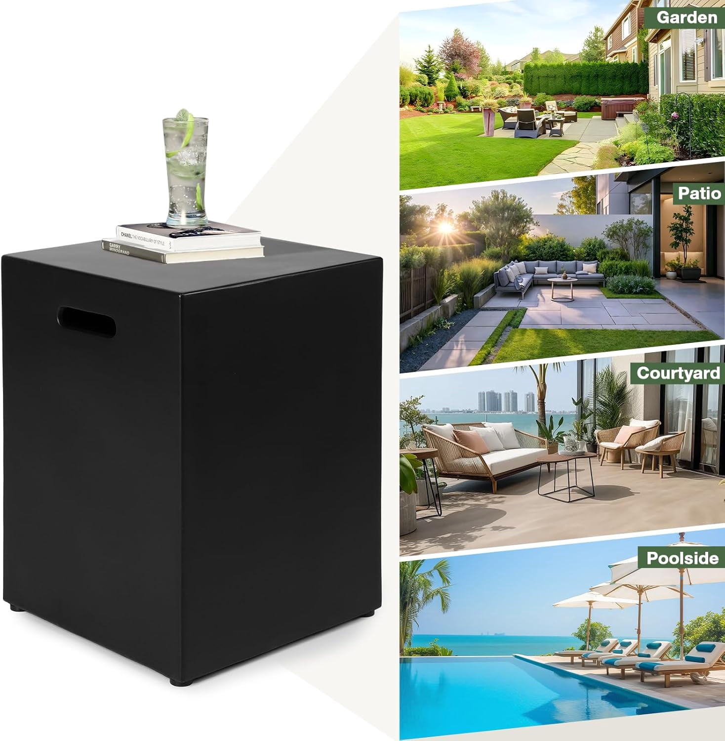 Propane Tank Cover Table 16"x16"x20"H Square Propane Tank Storage Hideaway Box for Gas Fire Pits, Black Concrete Gas Tank Holder Outdoor Side Table for 20 Pound Gas Tank