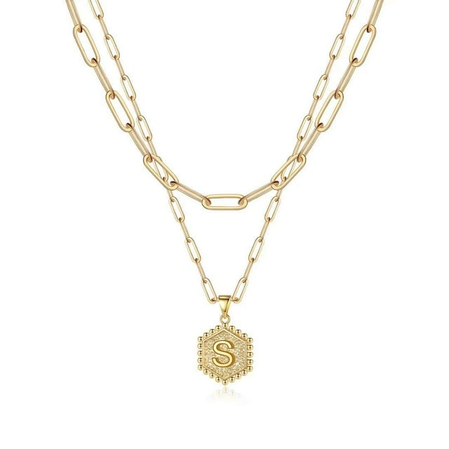 Colliers Initiaux Superposés pour Femmes, Collier Chaîne Trombone Simple Mignon Pendentif Lettre Hexagonale Collier Ras du Cou Initial Or Colliers Superposés pour Femmes, Or
