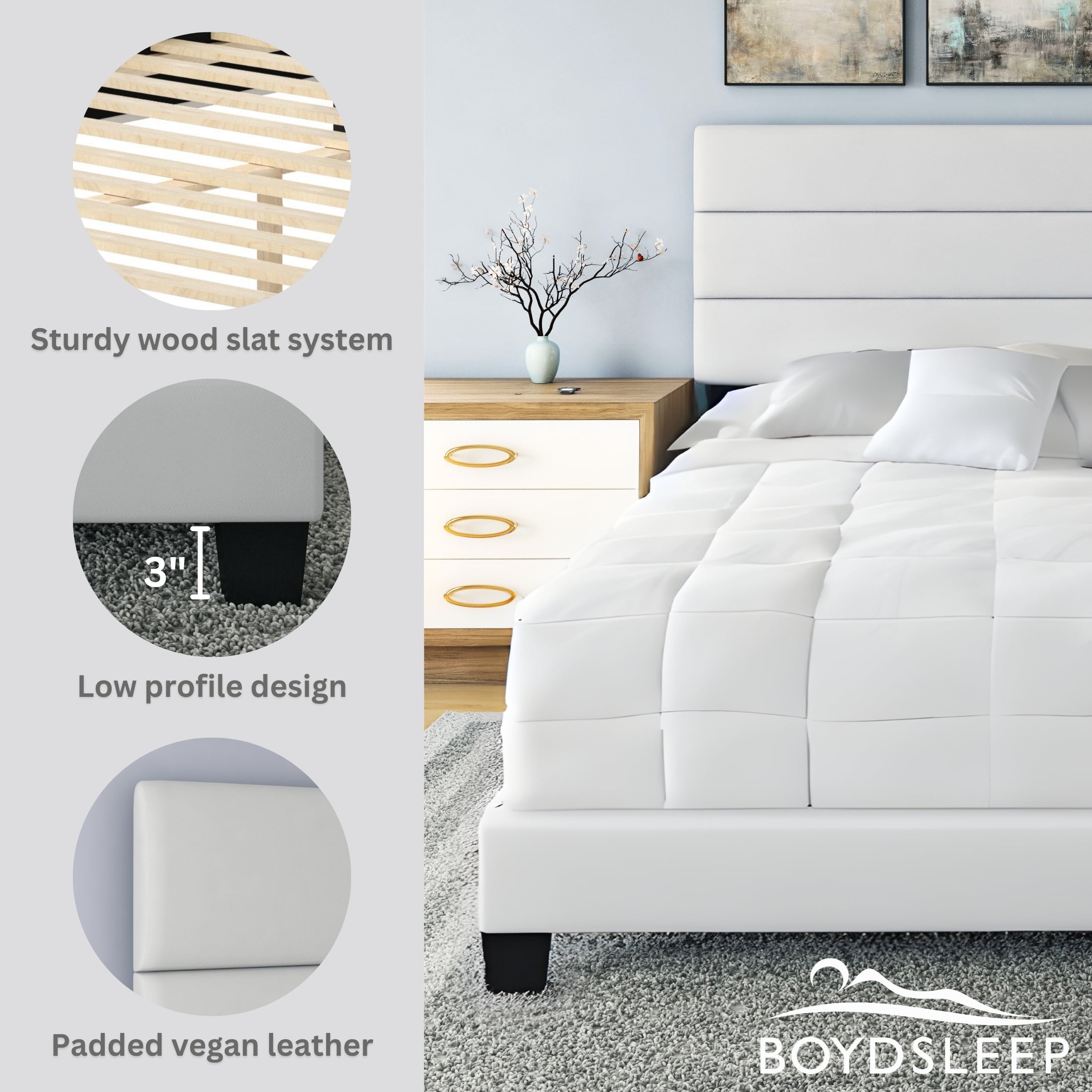 Boyd Sleep Piedmont White Faux Leather Queen Size Fully Upholstered Platform Bed Frame with Adjustable Headboard