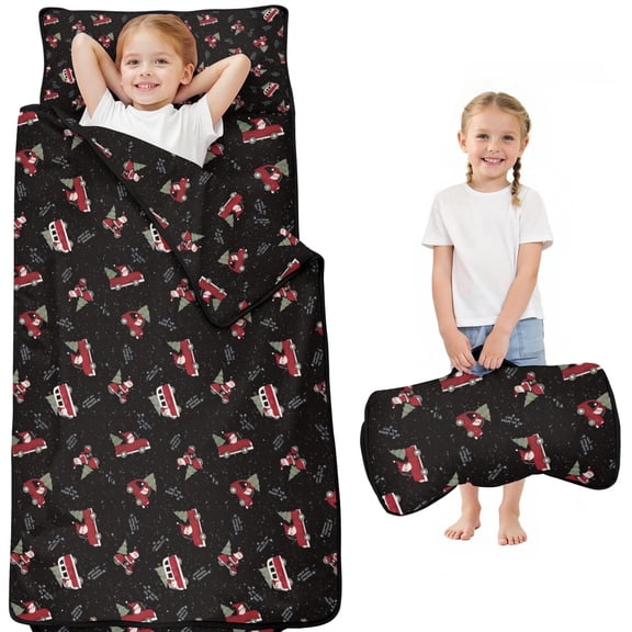 Black Christmas Car and Santa Pattern Toddler Nap Mats for Kids Preschool,50"x20" Sleeping Mat Bag or Kids,Toddler Sleeping Bag,Toddler Nap Mat or Daycare