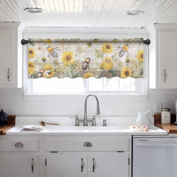 Sunflower Valance Curtains for Kitchen/Living Room/Bathroom/Bedroom Window, Vintage Summer Bee Botanical Farmhouse Rod Pocket Small Topper Half Short Window Curtains Voile Sheer Scarf 42"x12"
