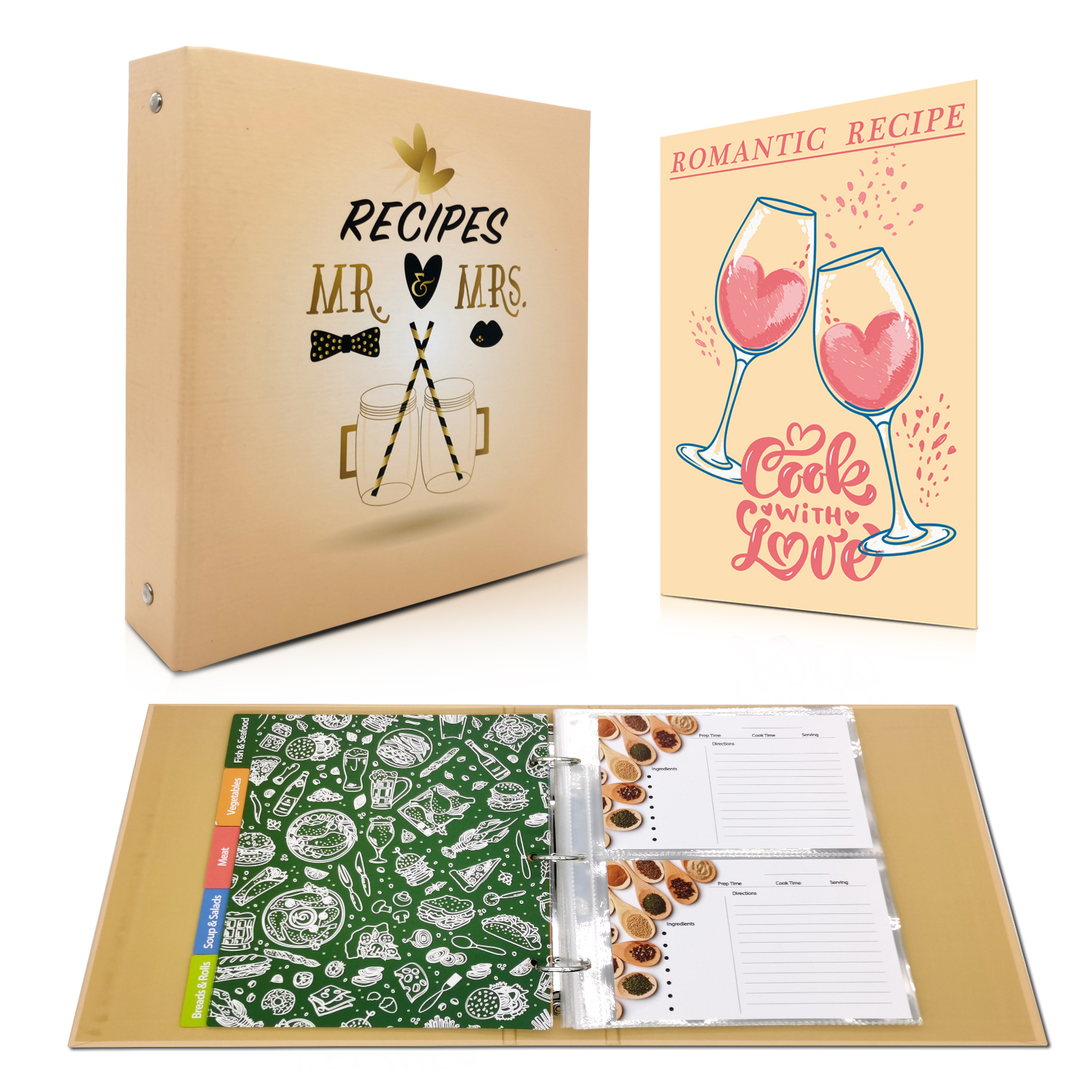 Mr & Mrs 3-Ring Recipe Binder, 8.5"x9.5" Recipe BookOrganizer Set with