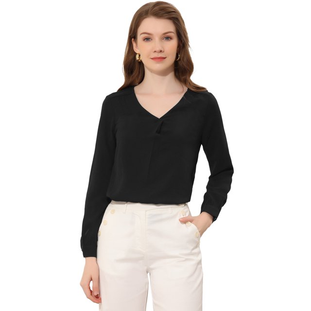 Blusa de Gasa Allegra K Manga Larga Cuello en V para Mujer Negro XS