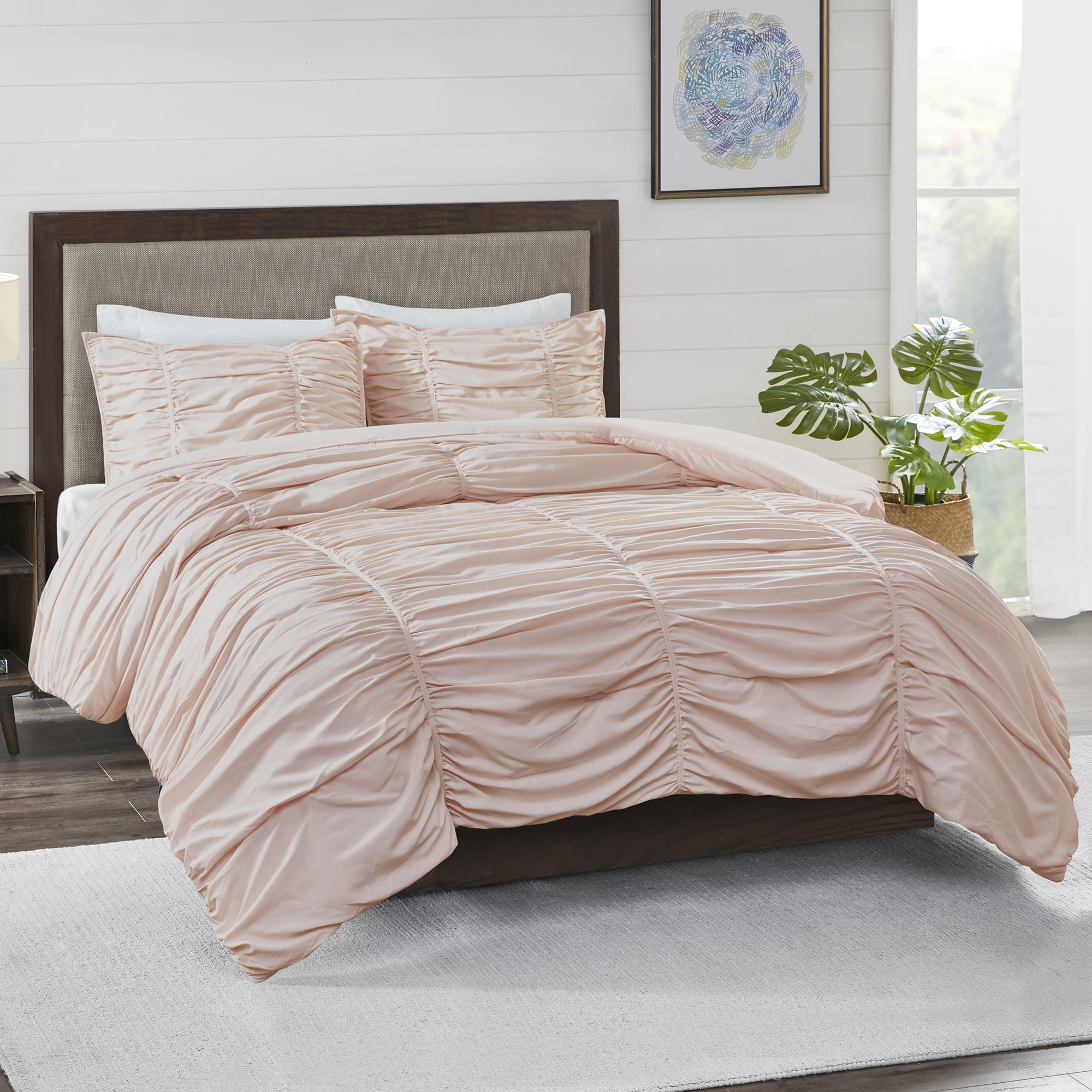 Better Homes and Gardens Jaden Ruched Blush 3-Piece Comforter Set, Full ...