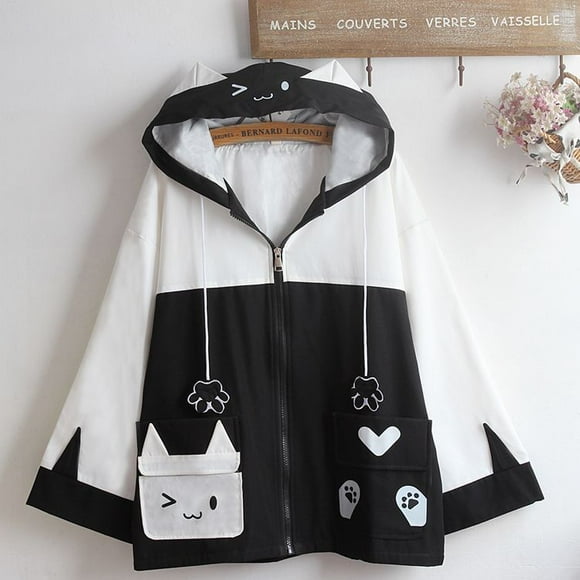 Women‘s Coats Smiling Face Cat Print Ear Hooded Contrast Panel Zipper Cape Jackets Fashion Age Reduction Jacket Lady‘s Clothing JIANGLANG