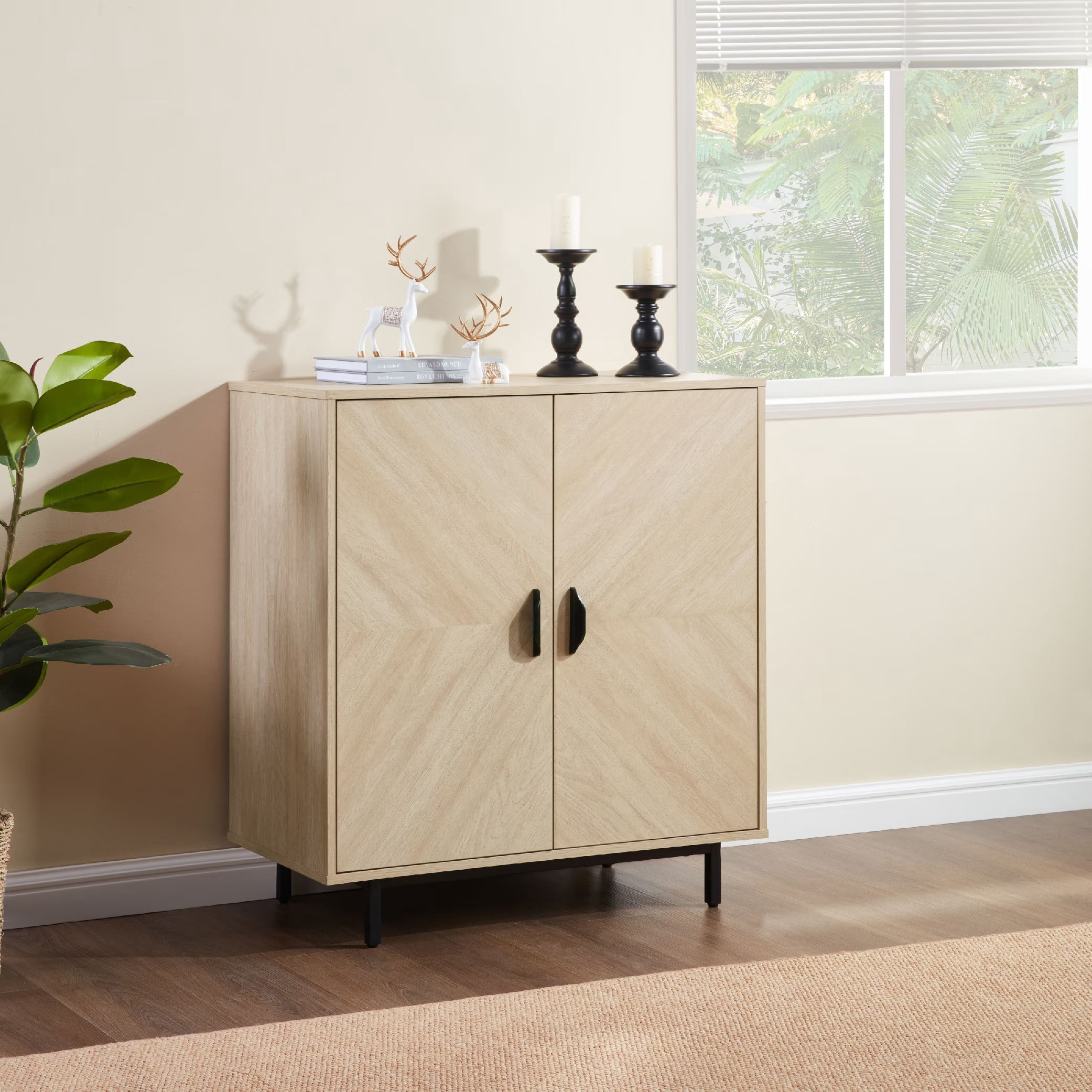 Modern Storage Cabinet with Doors, Wood Grain Accent Cabinet with Adjustable Shelf, Buffet Sideboard Cabinet for Living Room, Kitchen, Entryway, Bedroom, Yellow