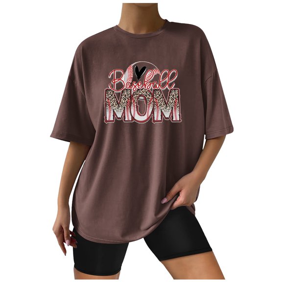 Wycnly Womens Tops Dressy Casual Summer Crewneck Baseball Mom Letter Print Tees Baseball Mom Letter Print Shirts Vintage Drop Shoulder Oversized Pullover Blouses Brown xl Under $5