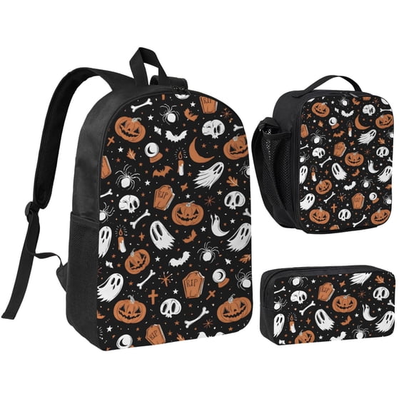 Halloween Black Pumpkin Skull Ghost Backpack Set 3pc ,Backpack with Lunch Bag and Bag 17 Inch