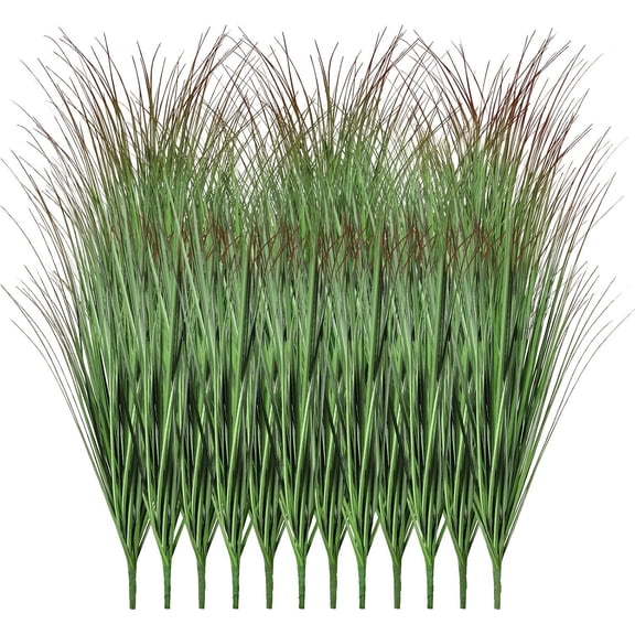 12 count Artificial Outdoor, 21" Faux Grass Greenery Stems Green&Red | UV-resistant, maintenance-free tall grass with lifelike wheat for garden, porch, window box, vases & indoor decor