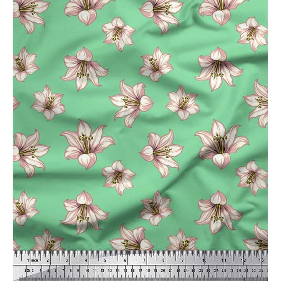 Soimoi Green Cotton Duck Fabric Lilies Floral Print Fabric by the Yard 56 Inch Wide