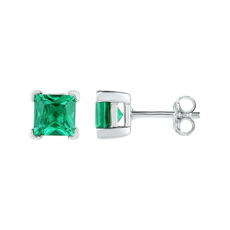 Princess Cut Lab Created Emerald 2.00 Carat (ctw) Solitaire Stud Earrings in Sterling (Best Lab Created Emeralds)