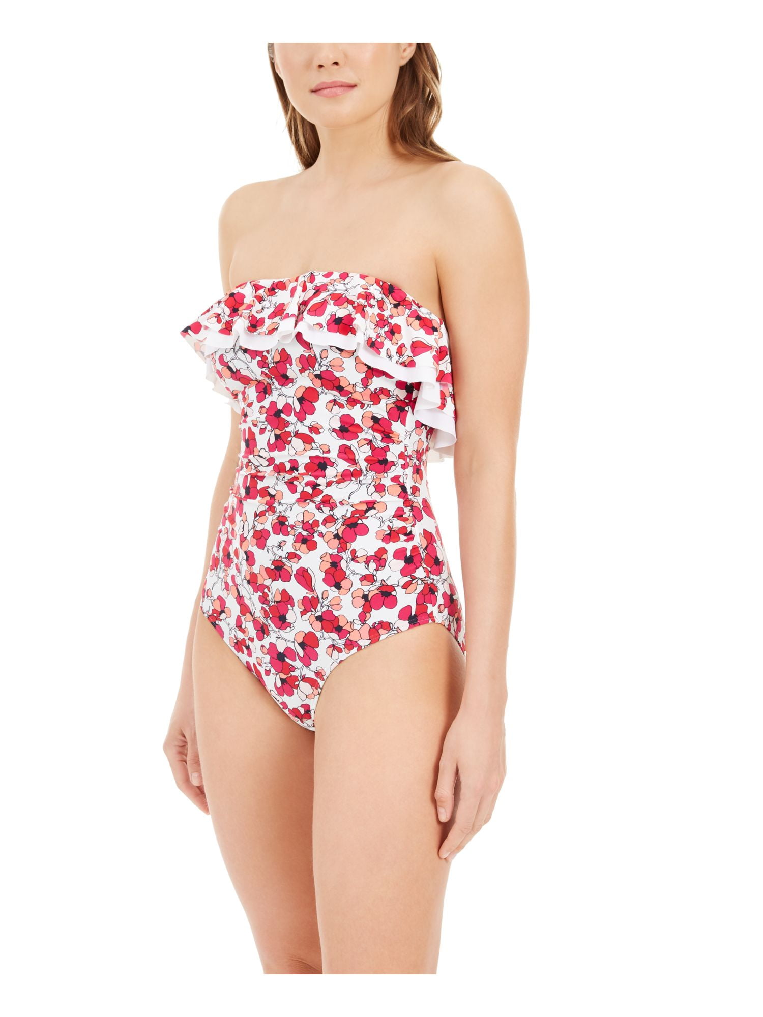 Tommy Hilfiger Women S White Floral Removable Strap Removable Cups Ruffled Bandeau One Piece Swimsuit 18 Walmart Com