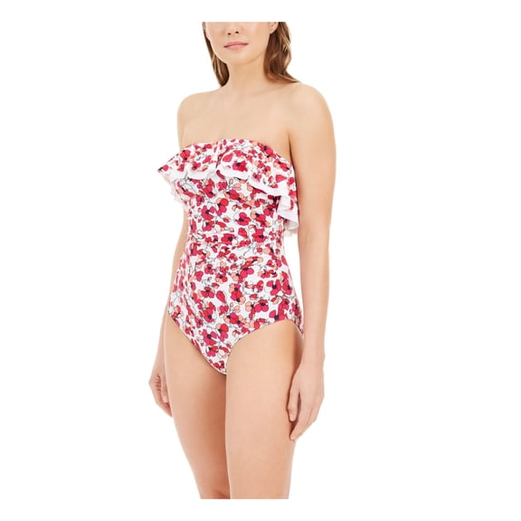 TOMMY HILFIGER Women's Pink Floral Removable Strap Removable Cups Ruffled Bandeau One Piece Swimsuit 18