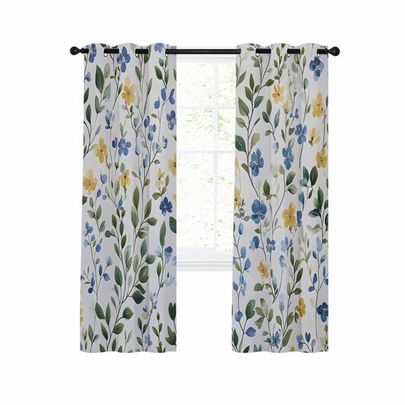 Blue Yellow Floral Spring Blackout Curtains 84 Inches Long for Bedroom,Summer Pastoral Botanical Green Thermal Insulated Room Darkening Black Out Window Curtain Panels Grommet Drapes for Living Room
