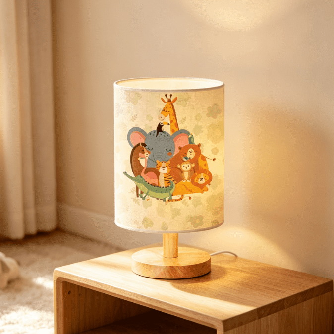 Retro Cartoon Animals Linen Table Lamp Built‑in Battery Book Reading Light Warm Ambient Nightstand Lamp Whimsical Home Accent Light for Kid Bedroom Living Space