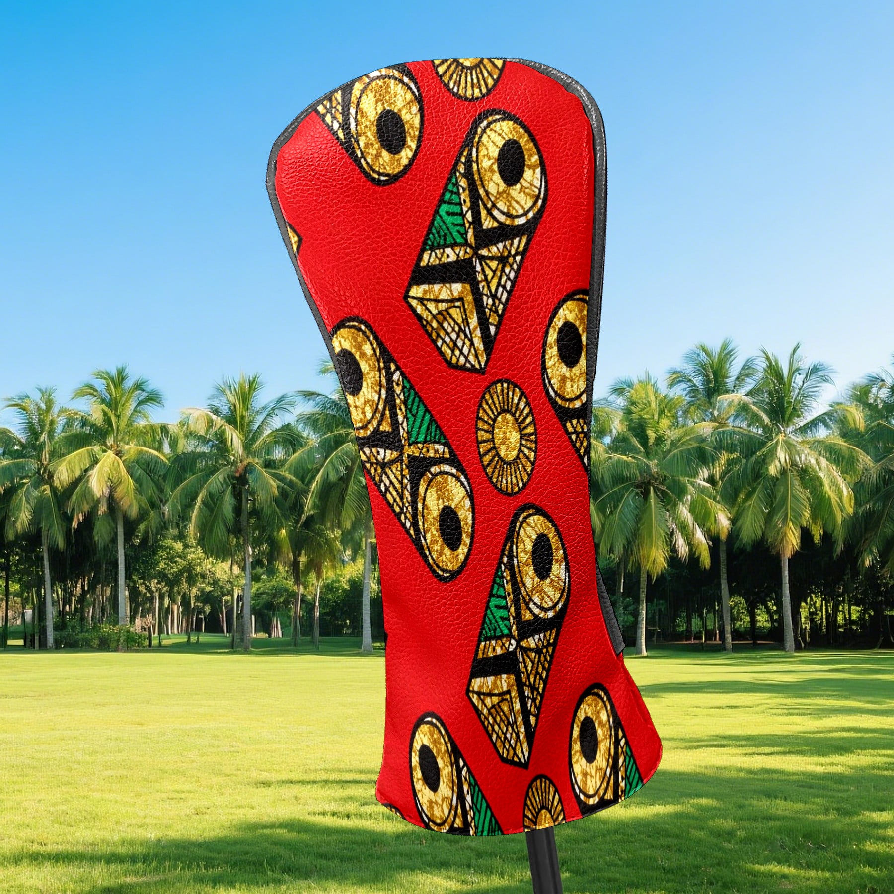 Golf Club Covers, Red GeometricOrnament Premium PU Leather Driver Hybrid Putter Head Covers with Velvet Lining, Waterproof Golf Gifts for Men Women
