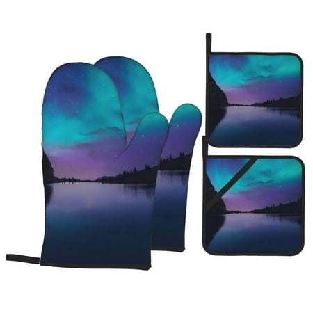 

Oven Mitts and Pot Holders Sets 4 pcs - Night At Lake Aurora Heat Resistant Silicone Oven Gloves with Non-Slip Silicone Surface and hot pads for kitchen Baking Cooking BBQ