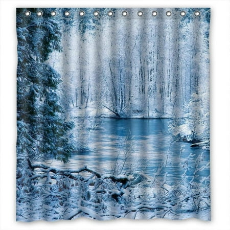 Shower Curtains Trees Nature GreenDecor Glam Pure White Snow Trees Beauty Winter Nature Scene Waterproof Shower Curtain Set with Hooks Bathroom Accessories Size 66x72 inches ()