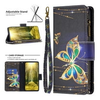 Nalacover for Samsung Galaxy S23 FE Zipper Wallet Case with Card Slots Holder, Floral Flower Pattern PU Leather Flip Cover for Women Girls, Wrist Strap Kickstand Magnetic Clasp Case, Gold Butterfly