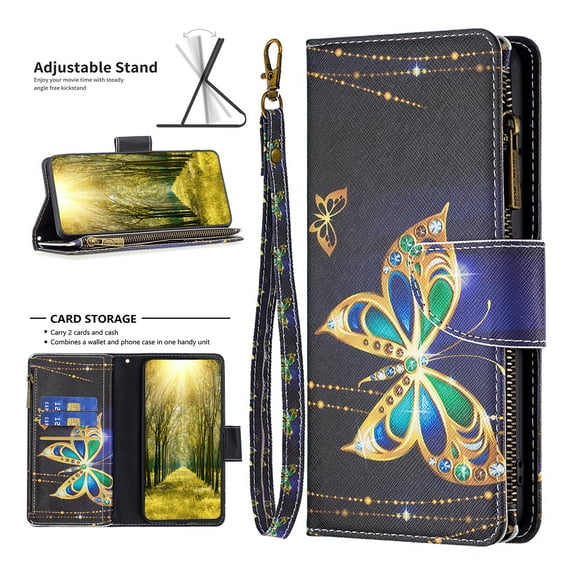 Nalacover for Samsung Galaxy S23 FE Zipper Wallet Case with Card Slots Holder, Floral Flower Pattern PU Leather Flip Cover for Women Girls, Wrist Strap Kickstand Magnetic Clasp Case, Gold Butterfly
