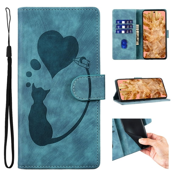 for Google Pixel 7 Pro PU Leather Case, Magnetic Closure Drop Protective Card Slots Wallet Case Wrist Strap Lovely Animal Pattern Kickstand Phone Cover for Google Pixel 7 Pro, Blue