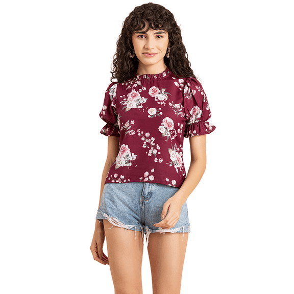 MoomayaWomens PrintedRuffled Neck Top,Casual Summer Top Blouse