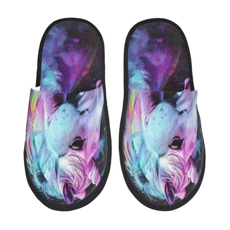 Balery Rainbow Spotted White Horse Slient Indoor Furry Fleece Comfort House Shoes Soft Non-Slip Home Shoes Cotton slippers House Slippers-- Large