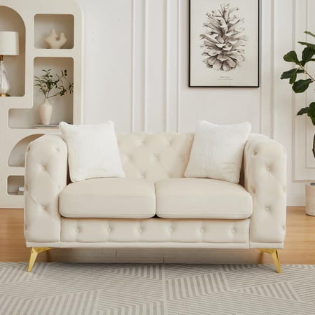 FFZ 61.25-Inch Modern Luxury Velvet Sofa Chesterfield Quilted Button Accents 2 Pillows Metal Legs For Living Room Bedroom