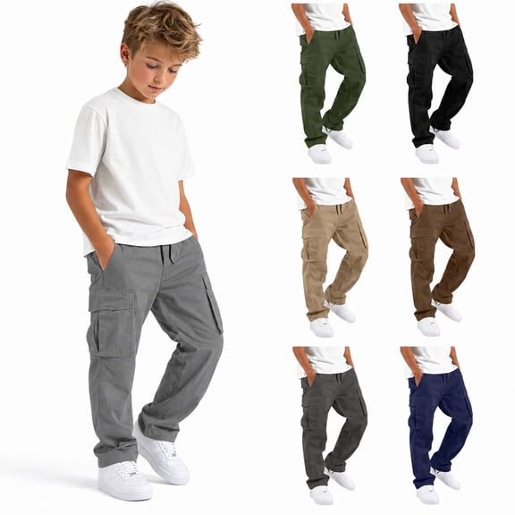 HAOTAGS Boys Cargo Pants (5-15) Loose Casual Elastic Waist Casual Outdoor Sports Cotton Cargo Pants with Multi-pockets Gray Size 7