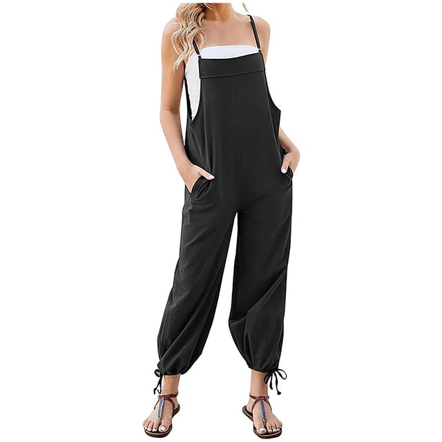 Timegard Rompers for Women Adjustable Spaghetti Strap Cinch Bottom Baggy Overalls Casual Jumpsuit with Pockets