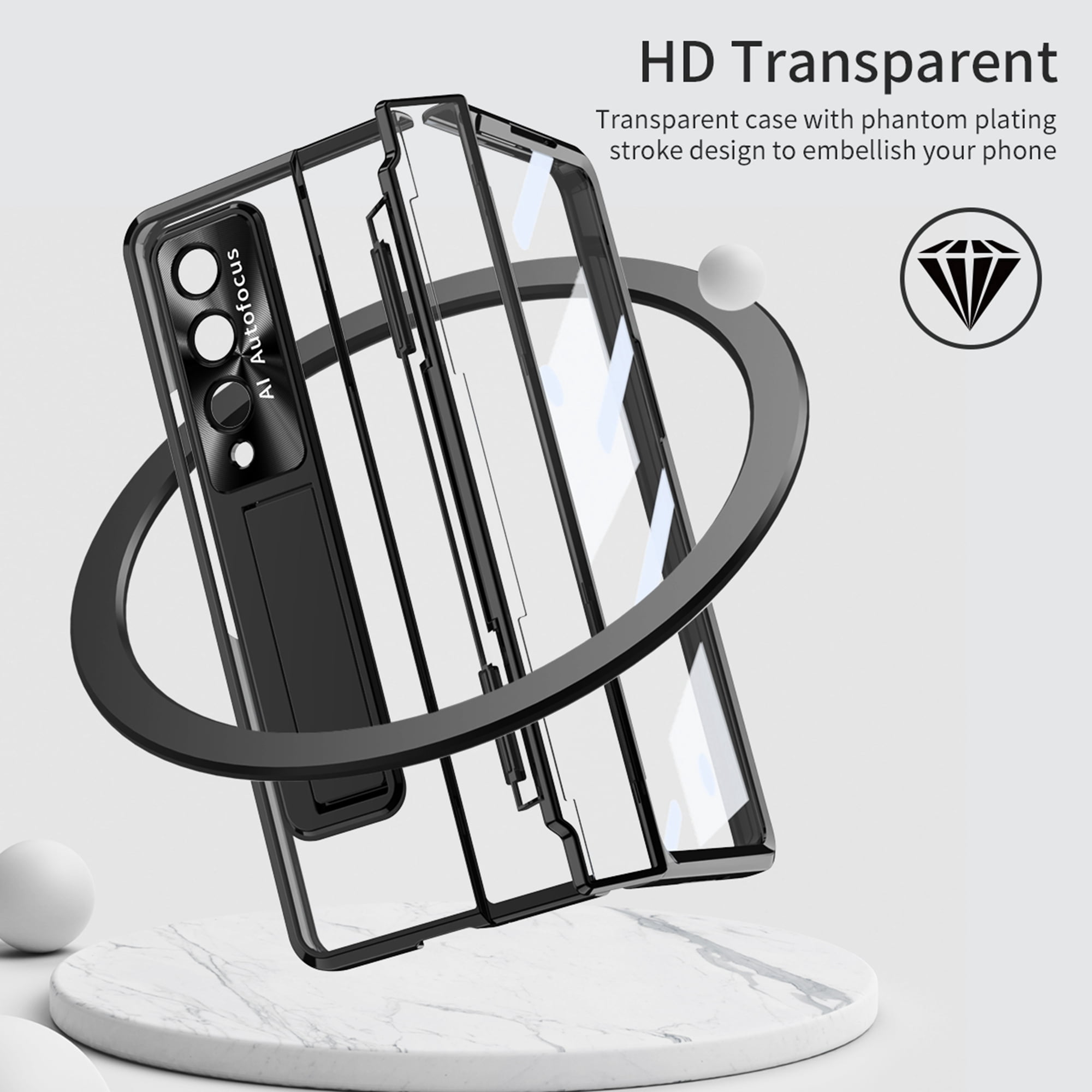 TECH CIRCLE Galaxy Z Fold 4 Case, Ultra-Thin Luxury Perfect Clear Plating Hard PC Crystal Transparent Kickstand Cover Anti-Scratch Shockproof Protection Case for Samsung Galaxy Z Fold 4 5G, Black