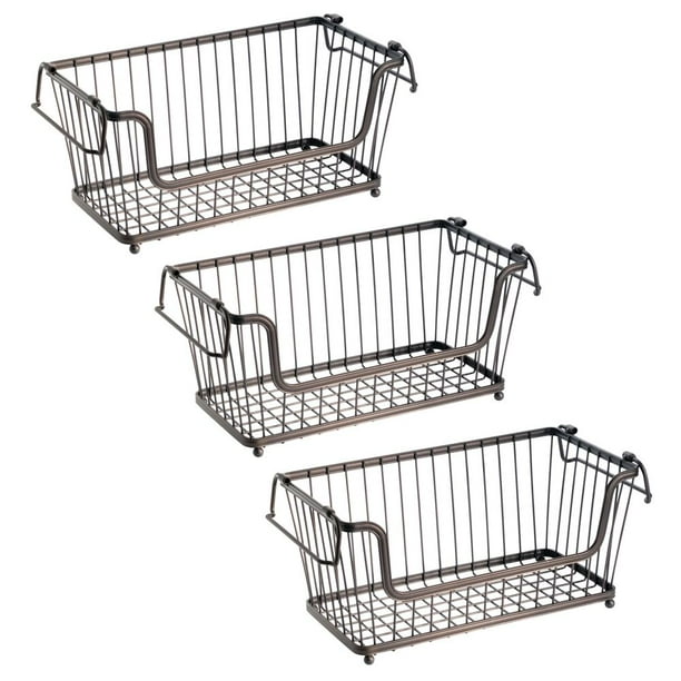 mDesign Stackable Metal Food Storage Basket with Handles, 3 Pack