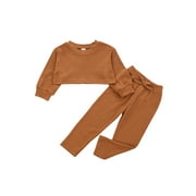 hirigin Girls Solid Color Clothes Set Long Sleeve Cropped Tops Trousers