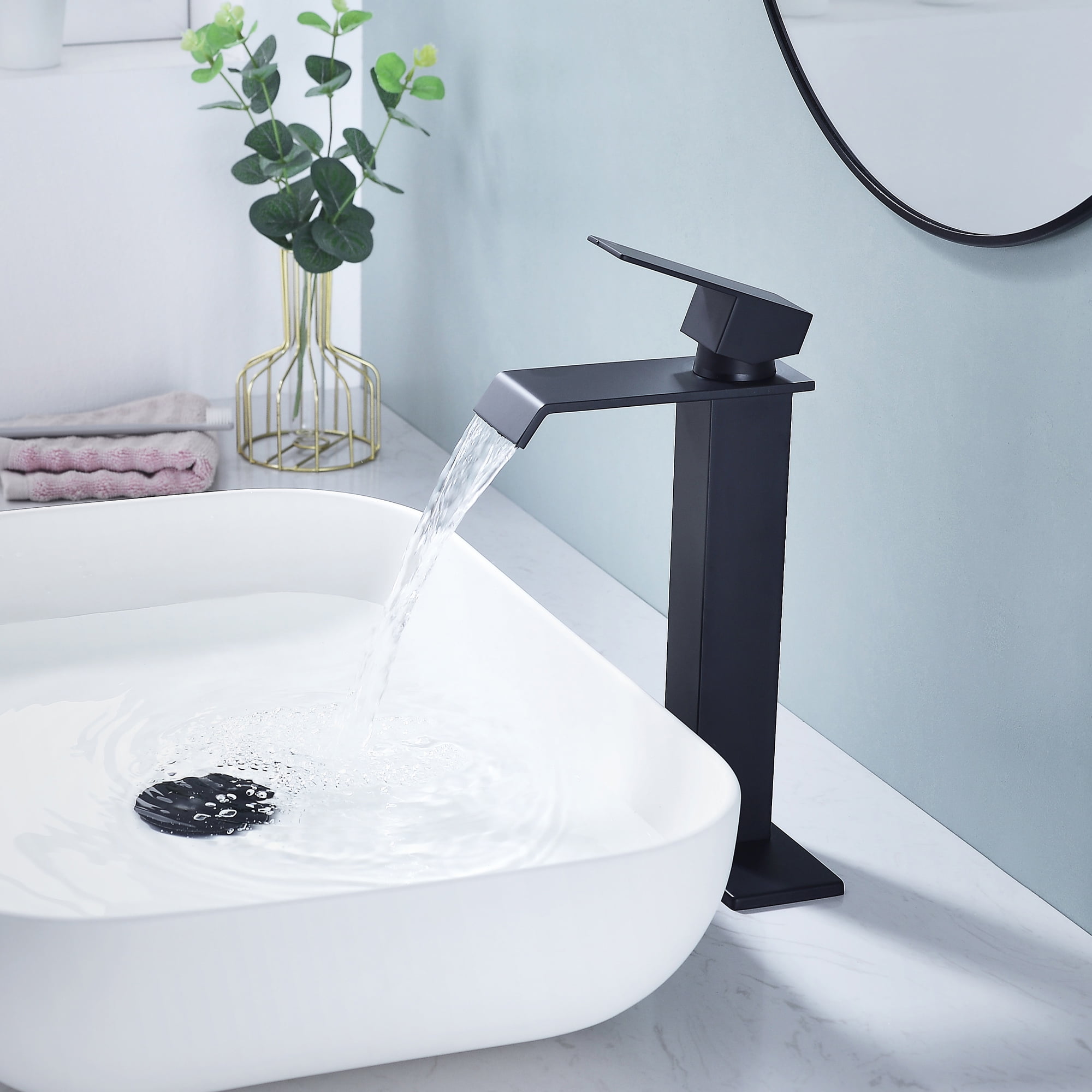 Single handle single hole waterfall spout bathroom vessel sink faucet with deck plate