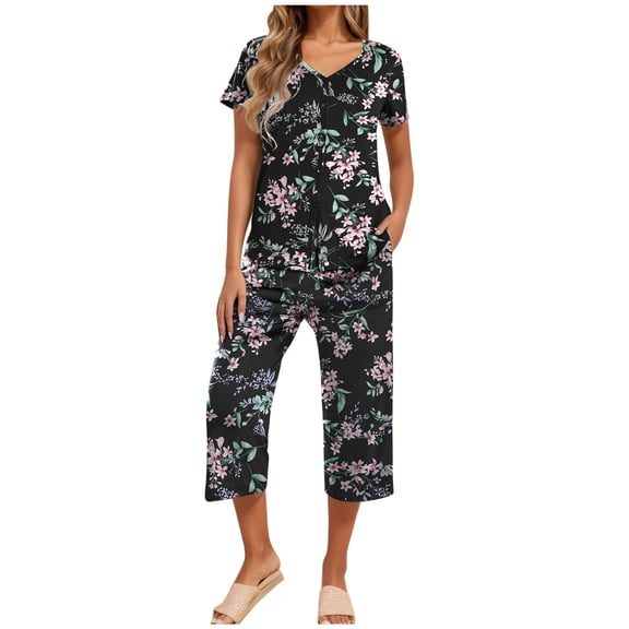 SJLDQY Pajamas for Women Set 2 Piece Flower Printed Pjs Sets Womens Sleepwear Short Sleeve Tops and Capri Pants Sleepwear