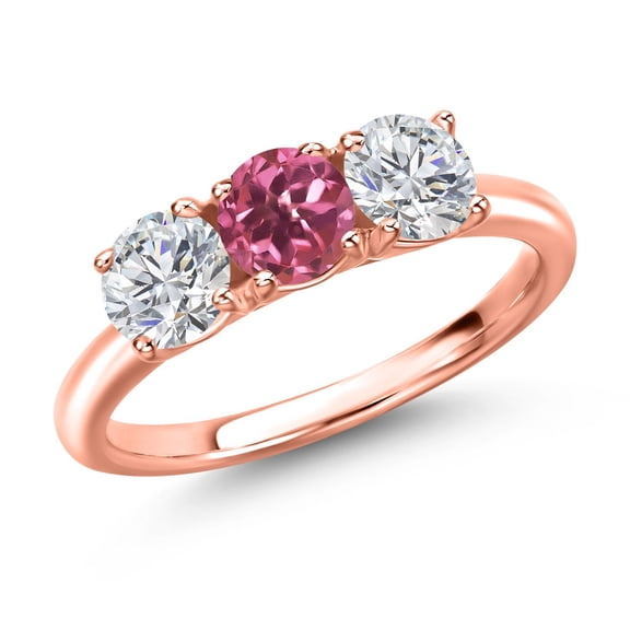 Gem Stone King 18K Rose Gold Plated Silver Pink Tourmaline and Lab Grown Diamond Engagement Ring for Women | 1.52 Cttw | Round 5MM | Gemstone October Birthstone | Size 5