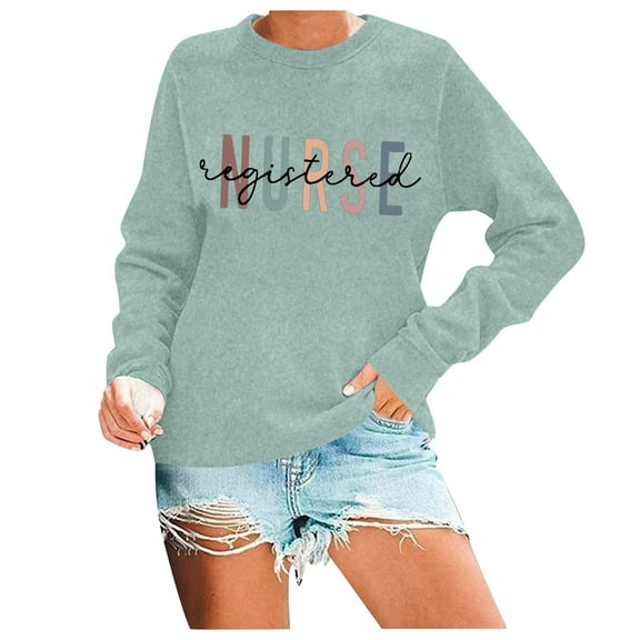 Women Nurse Sweatshirt Letter Printed Loose Fit Long Sleeve Tops Round Neck Casual Fashion Fall Winter Pullover Shirts