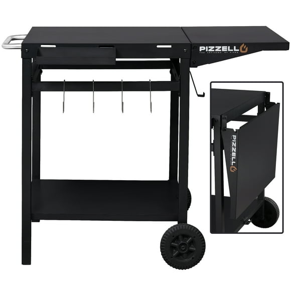 Outdoor Grill Pizza Oven Food Prep Bbq Cart Stand Table with Storage Wheels Expandable Countertop, Black