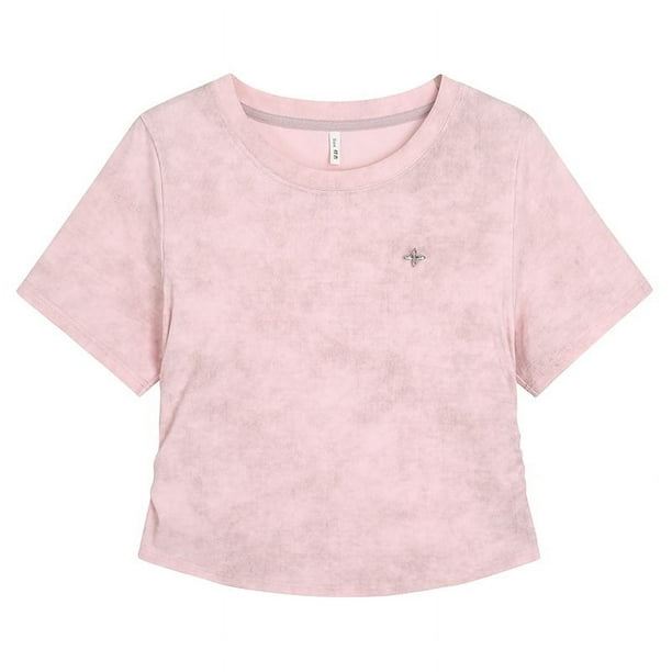 Camiseta de cuello redondo con halo y hombros descubiertos para mujer, de verano, talla grande, estilo gordito, para chicas sexys, cintura ajustada, plisada, manga corta