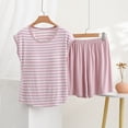 thumbnail image 2 of WRKEKC Summer Pajama Set for Women Soft Striped Knit Round Neck Short Sleeve and Shorts Set Casual Sleepwear for Summer, 2 of 6